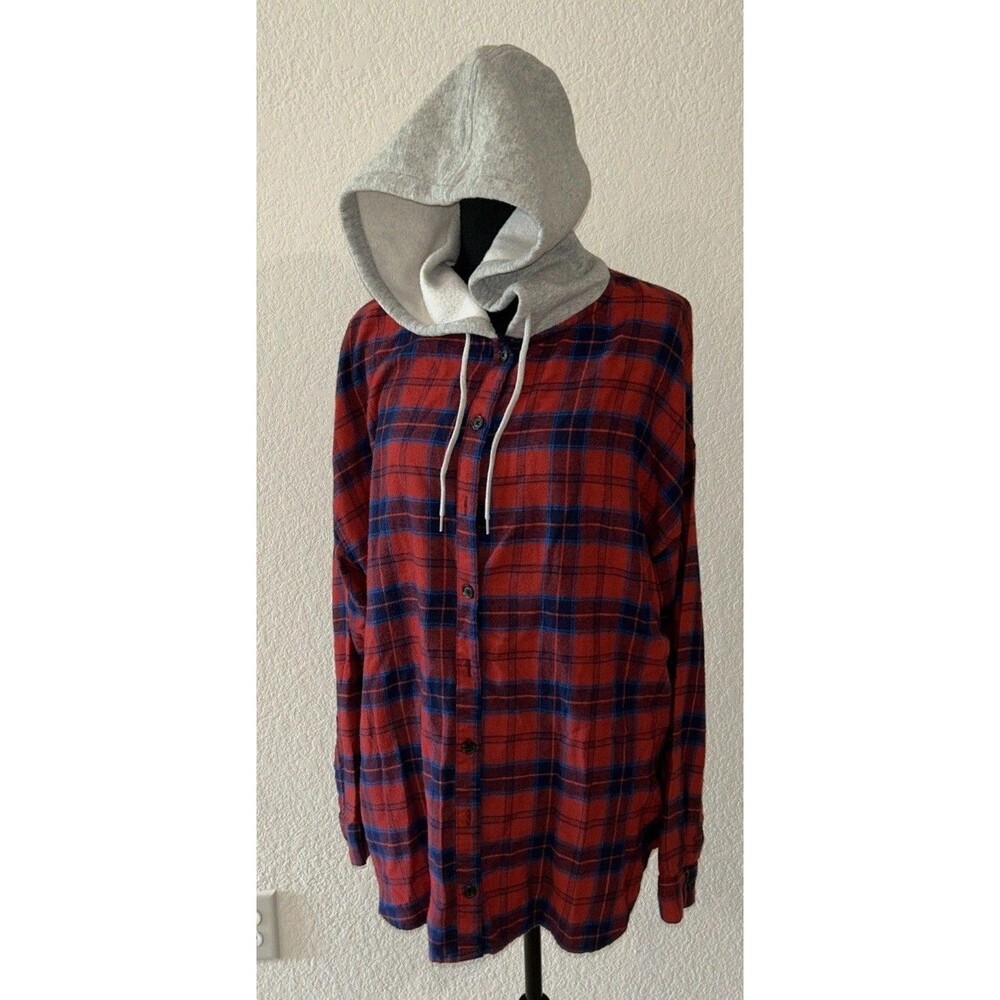 BDG Urban Outfitters Hooded Plaid Flannel Shirt Long Sleeve Button Up Hoodie L